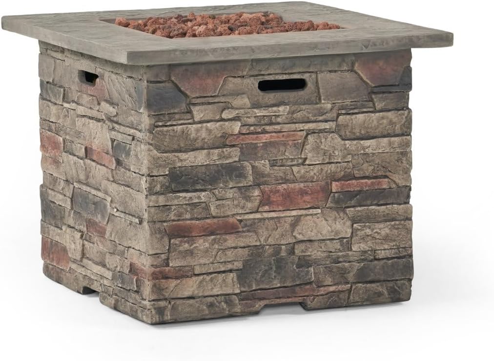 32-Inch Square Lightweight Concrete Propane Fire Pit with Gray Finish, 40,000 BTU, No Assembly Required, Includes Tank Space
