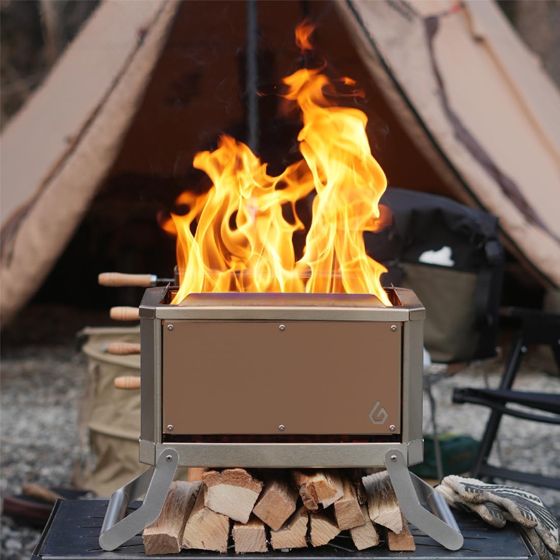 GGUBUS Wild Hunter Triple Combustion Camping Fire Pit – Foldable, Portable Dual Grill & Bonfire Stove, Low-Smoke, Triple Airflow, Ceramic-Coated, Tool-Free Assembly, Carry Bag (Khaki)