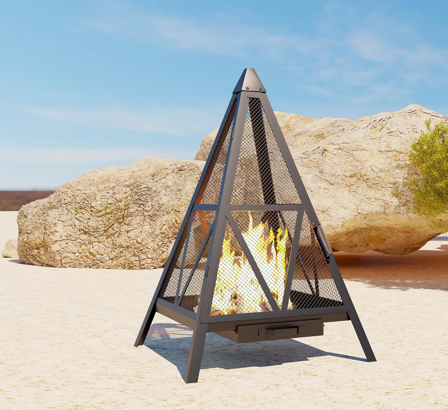 Kingson Pyramid Fire Pit, Heavy-Duty Steel Smokeless Wood Burning Fire Bowl for Outdoor Patio Garden Backyard, Bohemian & Meditation Decor