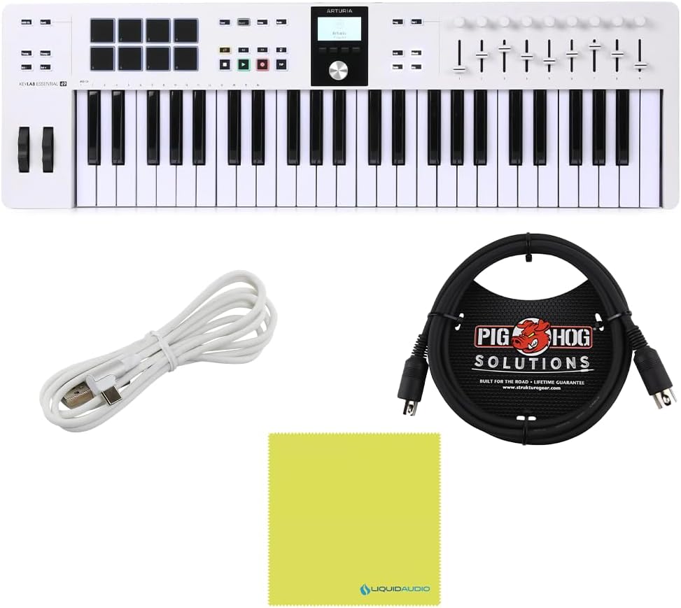 Arturia KeyLab Essential 49 mk3 MIDI Controller White Bundle w/Pig Hog Solutions PMID06 6ft MIDI Cable, & Liquid Audio Polishing Cloth