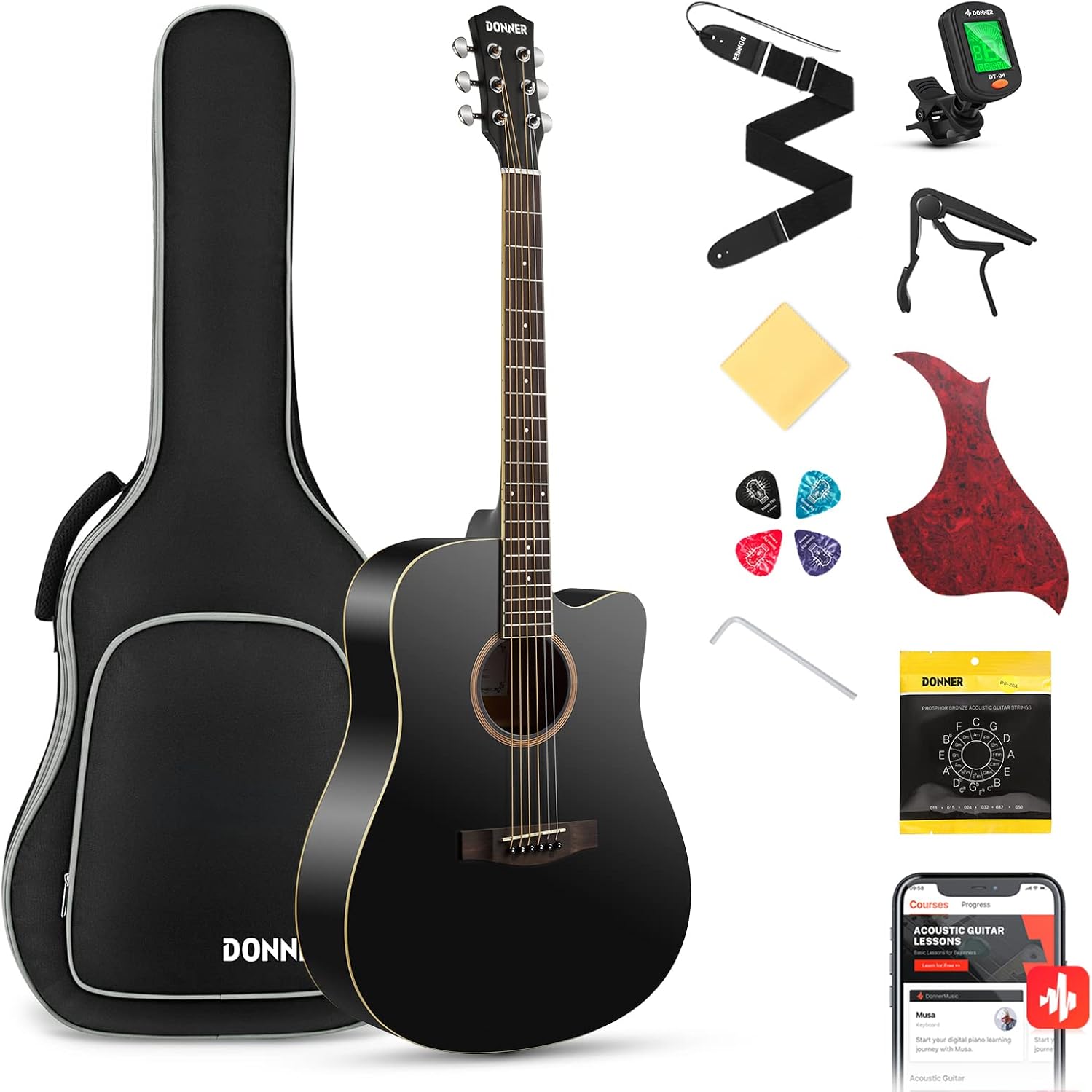 Donner Black Acoustic Guitar for Beginners, Adult, Teens, Starter Kits - Full Size 41'' Steel-String Acustica Guitarra Bundle Set with Free Online Lesson, Gig Bag, Strap, Tuner, Cutaway, DAG-1CB