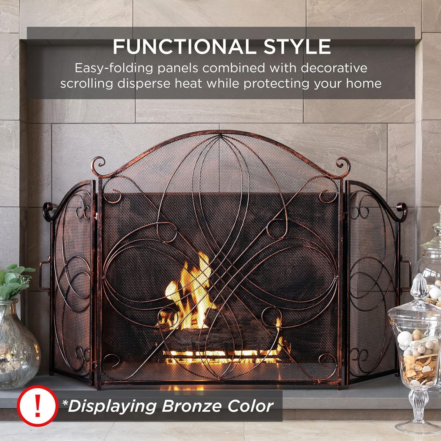 Fireplace Screen Cover - Decorative Iron Safety Screen for Heat & Spark Protection, Flat Art Design for Home Decor,