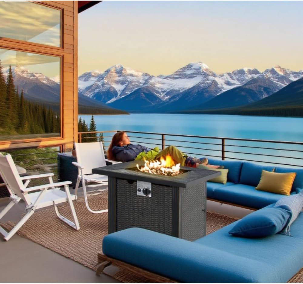 Outdoor Propane Fire Pit Table with Auto-Ignition System, Square Wicker Design Patio Heater with Ceramic Tabletop Cover