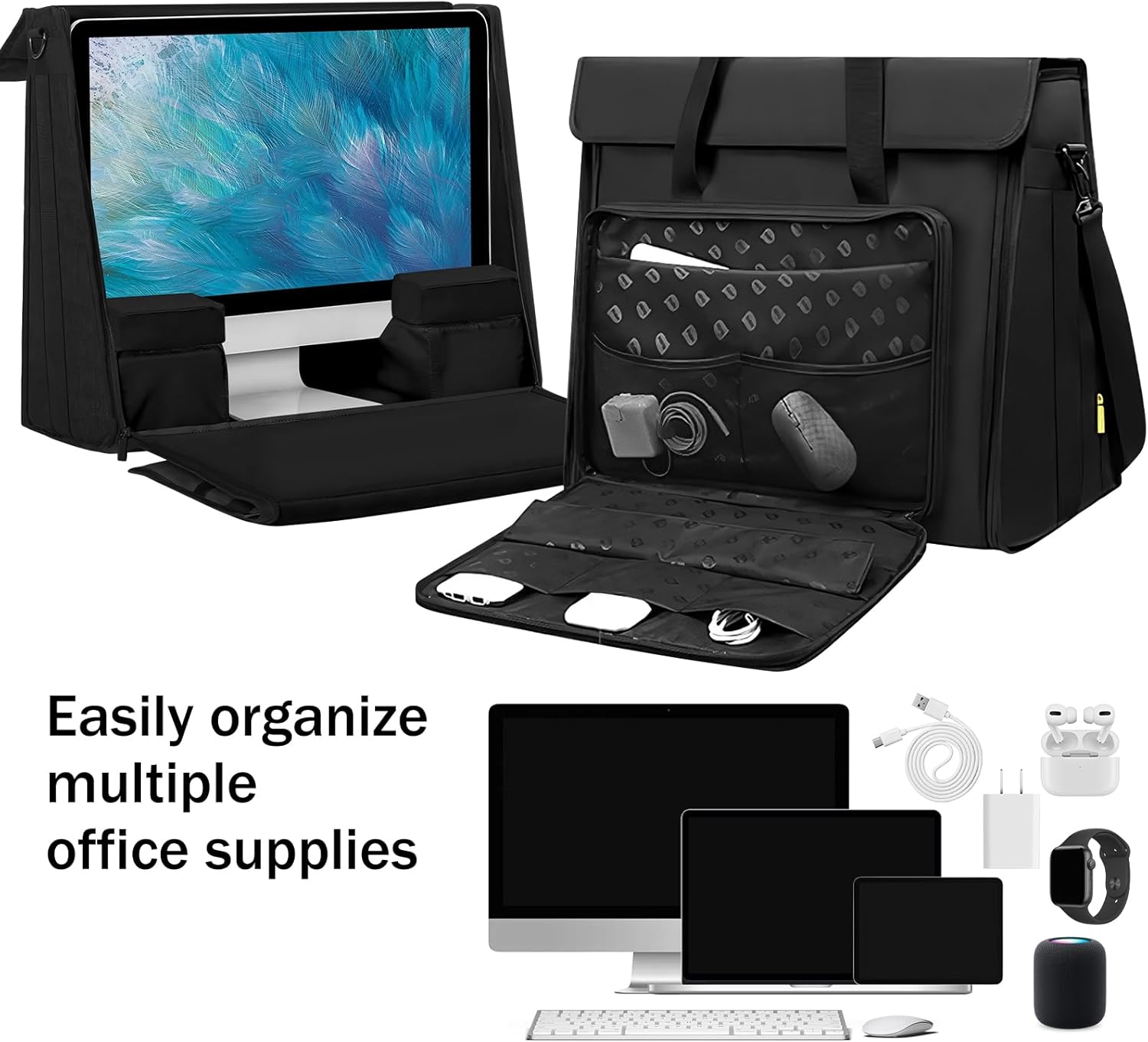 21/24 inch computer bag monitor carrying case Compatible with iMac All in One Monitor LCD Screens Desktop Computer Travel Storage Carrying Bag with Accessories Pocket, Shoulder Strap Black