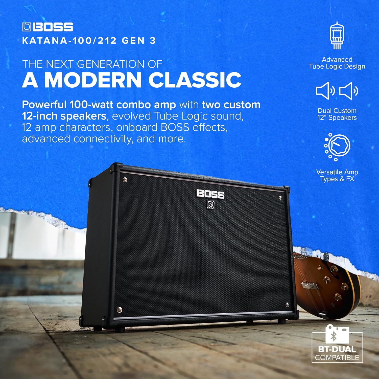 BOSS Katana-100/212 Gen 3 Guitar Amplifier | Powerful 100-Watt Combo Amp | Two Custom 12-Inch Speakers | Evolved Tube Logic Sounds | 12 Amp Characters | Onboard BOSS Effects | Advanced Connectivity