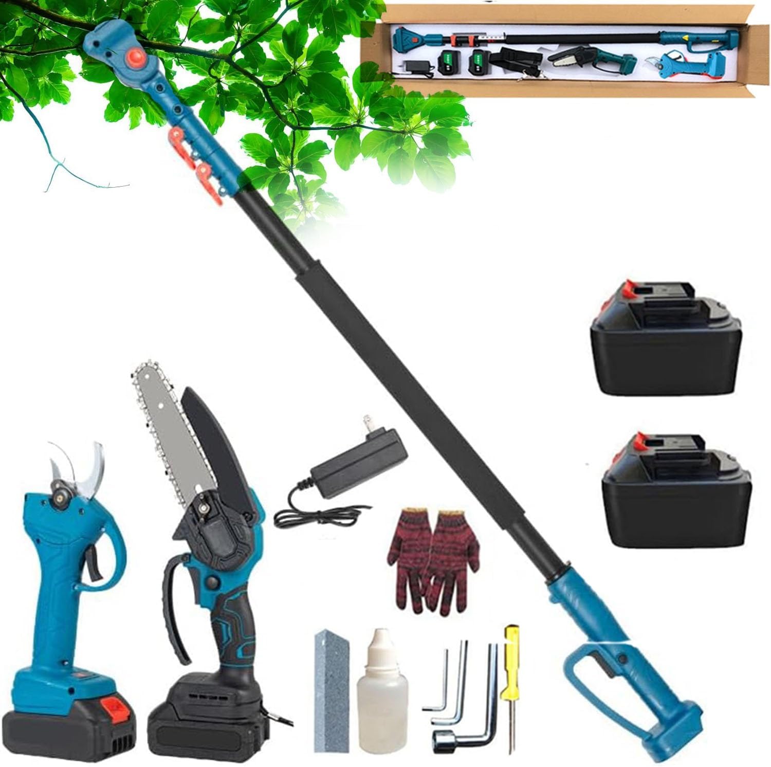 Upgraded 4-in-1 Cordless 8 inch Pole Saw & Pruning Shears,with 2X 1.3Ah Batteries, Motor Head 180° swiveling, 1.25-2.2M Adjustable Telescopic Pole,Multi-Angle for Tree Branches Trimming