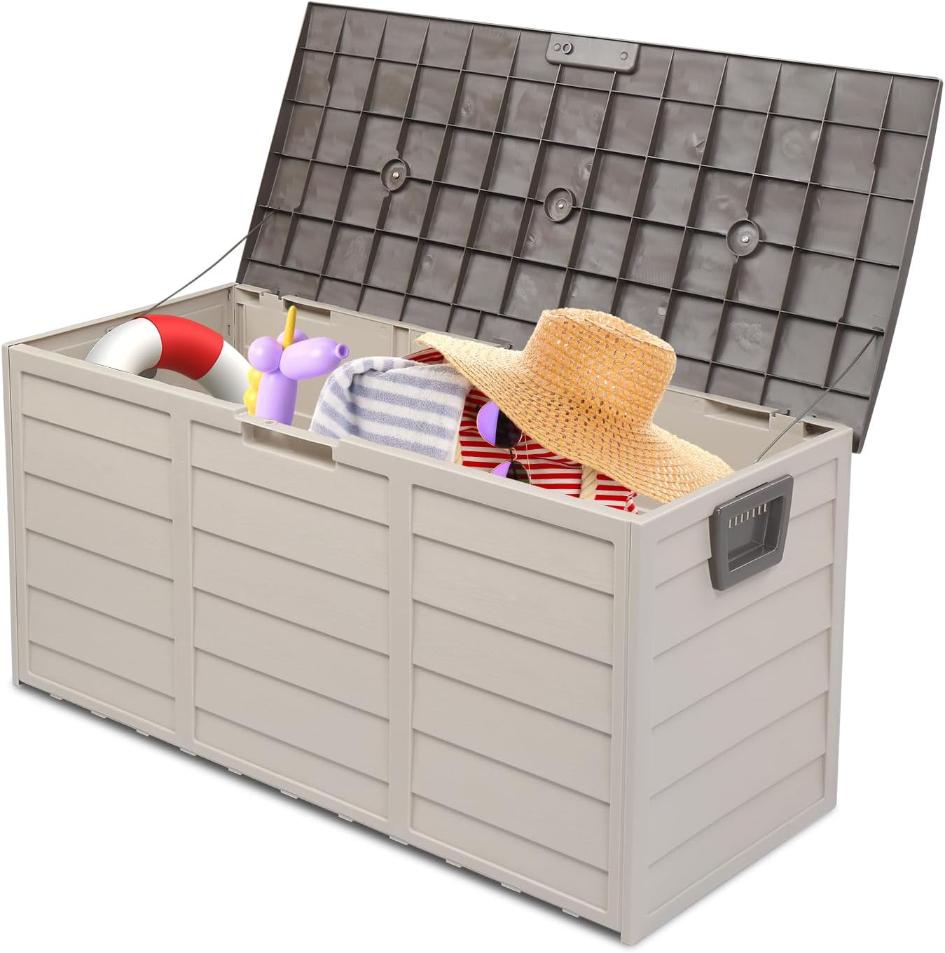 75 Gallon Outdoor Garden Patio Storage Box, Plastic Storage Deck Box Chest Lockable Weatherproof, Water Resistant Outdoor Storage Box, Large Deck Boxes for Pool Storage, Cushions, Tools, Toys Brown