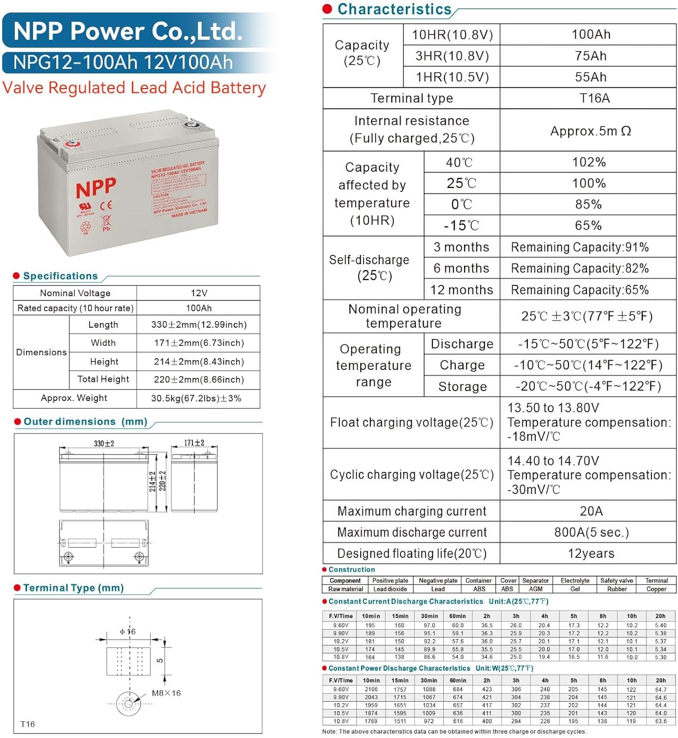 NPP NPG12-100Ah (2Pcs) 12V 100Ah Gel Deep Cycle Rechargeable Battery for PV Solar Panels,Smart Chargers Wind Turbine and Inverters,RV, Marine and Boat