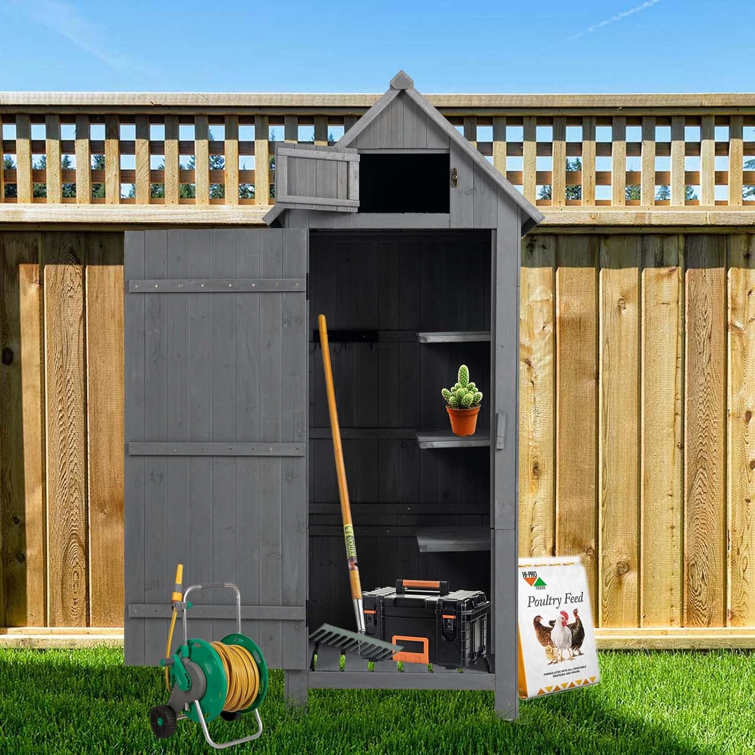 Wooden Storage Cabinet Outdoor Tool Shed for Storing Mower Hose, Backyard Garden Shed for Tools, Spacious Space Waterproof Roof Bin Outside Furniture, 30.3”L X 21.3”W X 70.5”H (Gray)