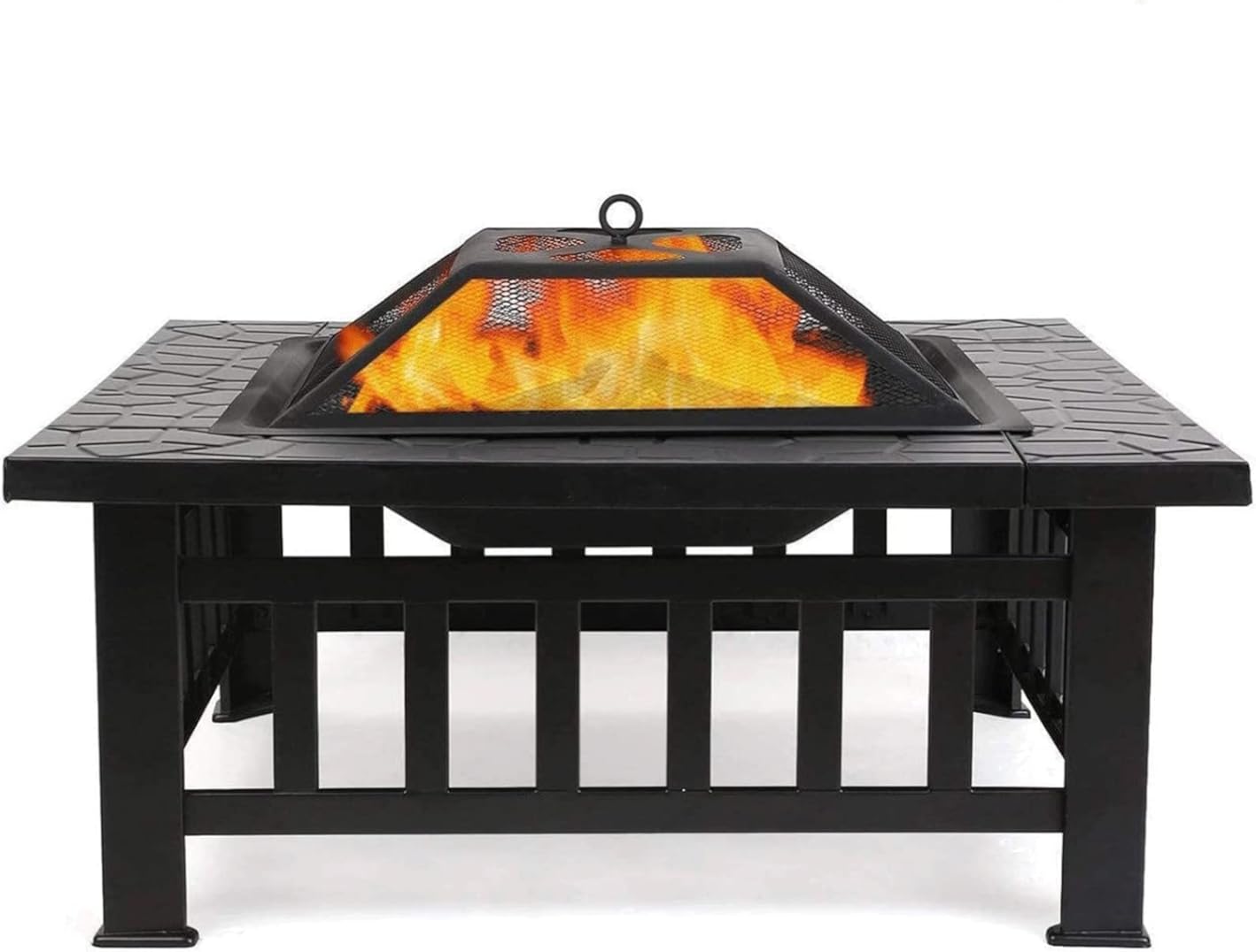 3 in 1 Outdoor Brazier Large Fire Pit Outdoor Metal Brazier Square Table with Waterproof Cover BBQ Grill Shelf Suitable for Camping Bonfire Patio Backyard