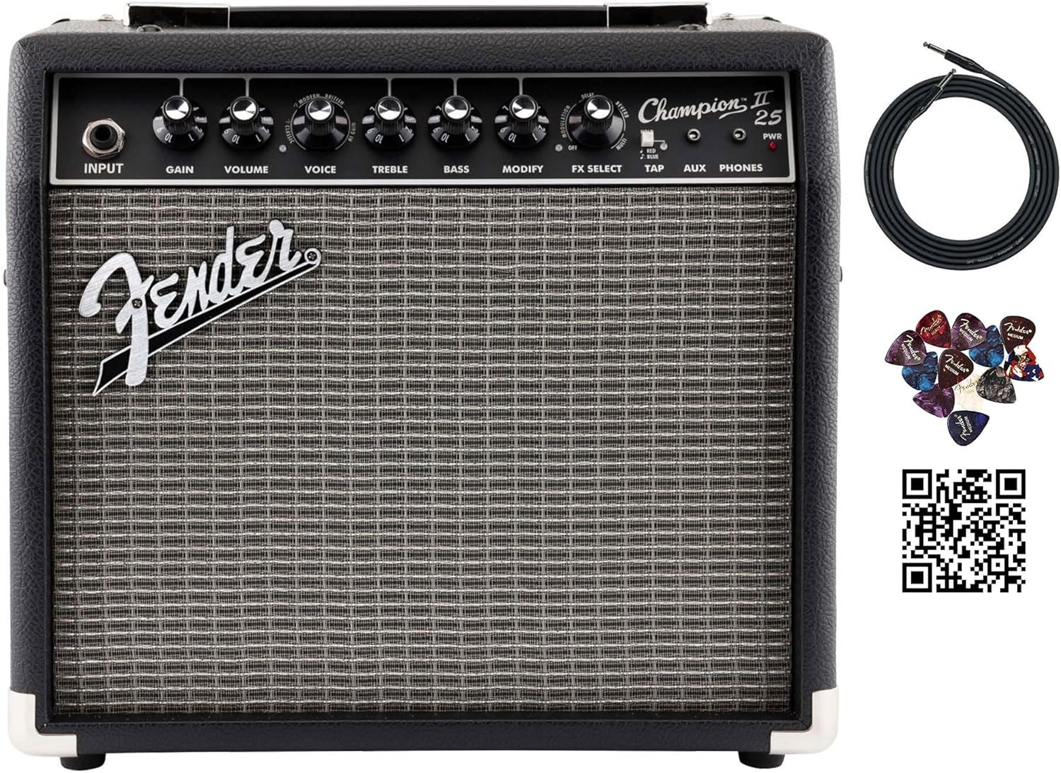 Fender Champion II 25 Watt Guitar Combo Amplifier Bundle with Cable, Austin Bazaar Exclusive 12-Pack Picks, and Instructional Video
