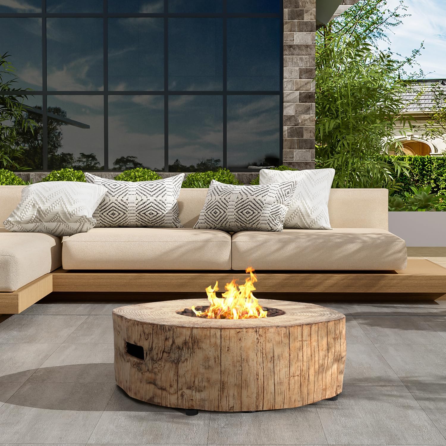 Patio Propane Fire Pit Brown Stylish Wood Pattern Design Outdoor Cozy Gatherings Weather-Resistant