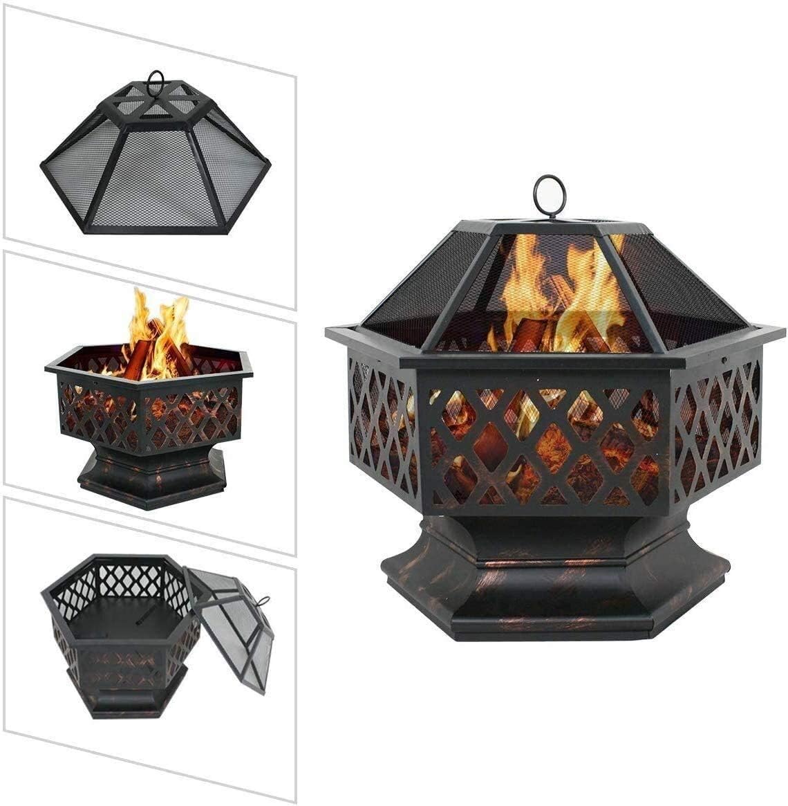 Outdoor Fire Pit 25-Inch Outdoor Fire Pit with Mesh Screen and Poker Hex Shaped Metal Wood Burning Bonfire Pit for Outdoor Camping