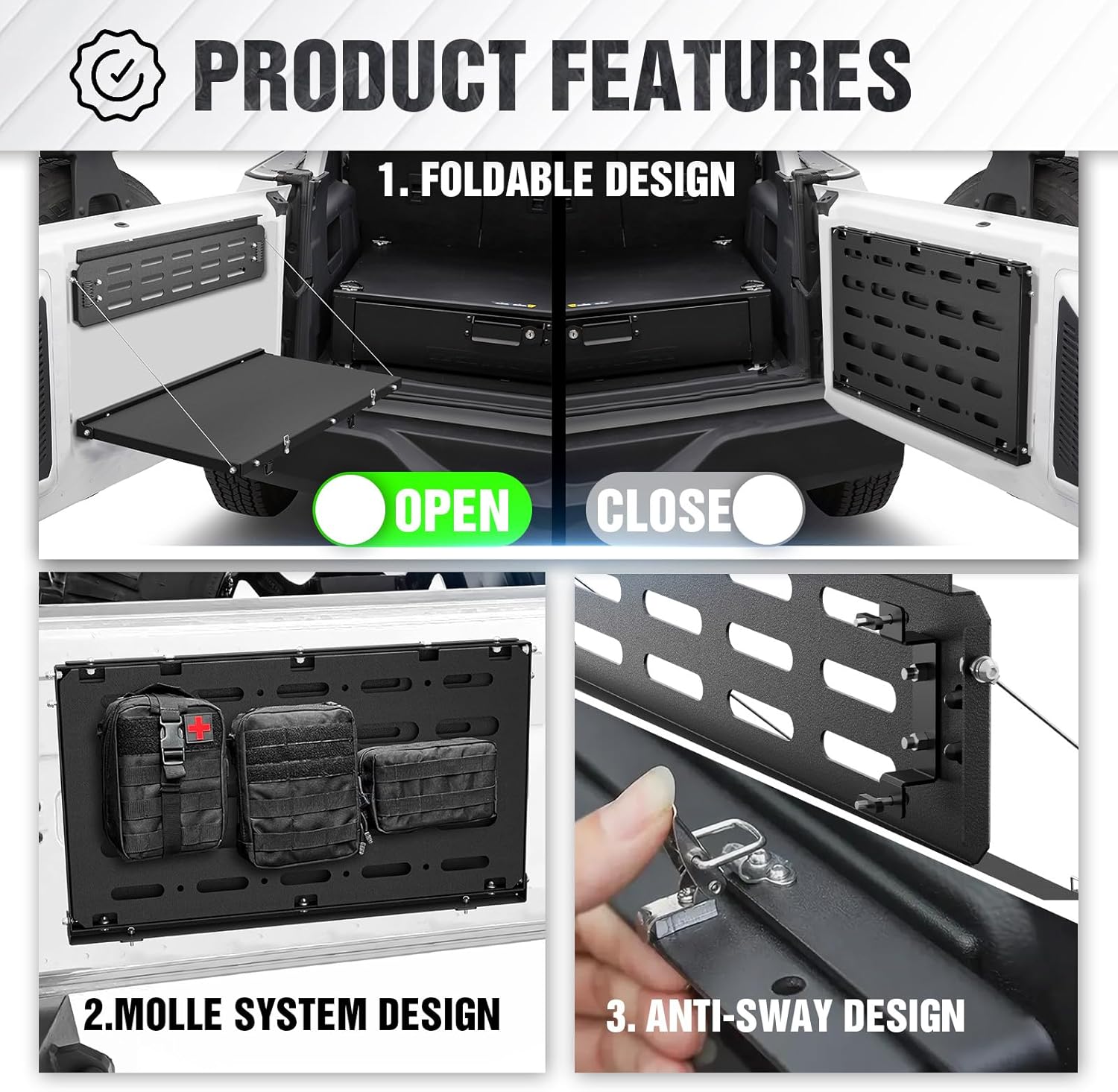Foldable Tailgate Table with Molle Panel Compatible with 2021 2022 2023 2024 2025 Ford Bronco 2/4 Door (Excluding Sport), Rear Folding Tables Cargo Shelf Storage Luggage Holder Accessories