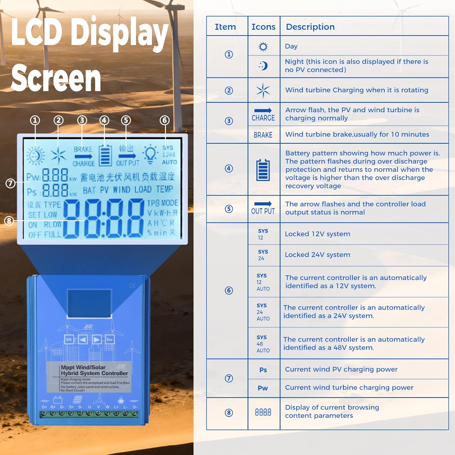 Hybrid Wind Solar Controller auto 12/24/48v 1000W Solar Wind Controller Solar and Wind Charge Controller Wind/Solar Hybrid System Controller 1000W-24/48VAuto
