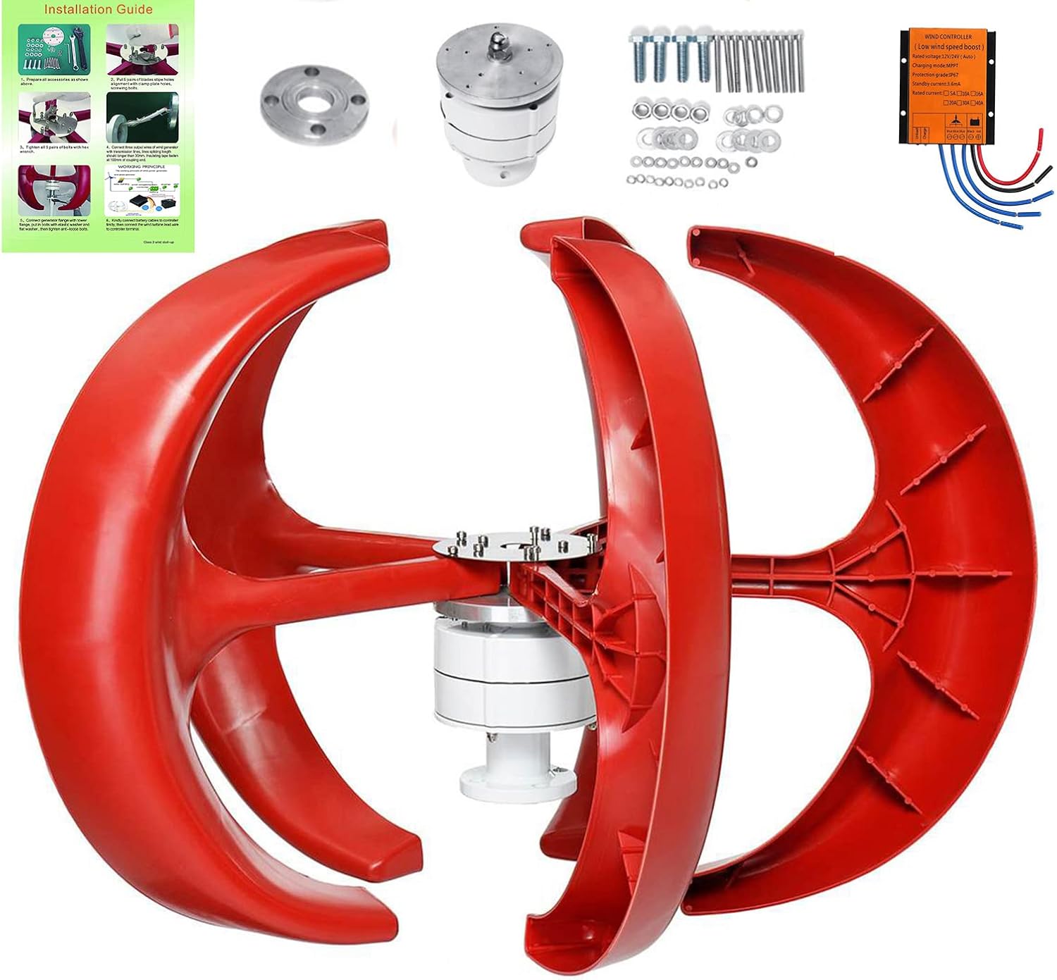 Lantern Wind Generator, Vertical Wind Turbine 12V 24V 48V 1000W 5 Blades Wind Turbines Generator with Controller Low Noise for Home Hybrids Streetlight Use