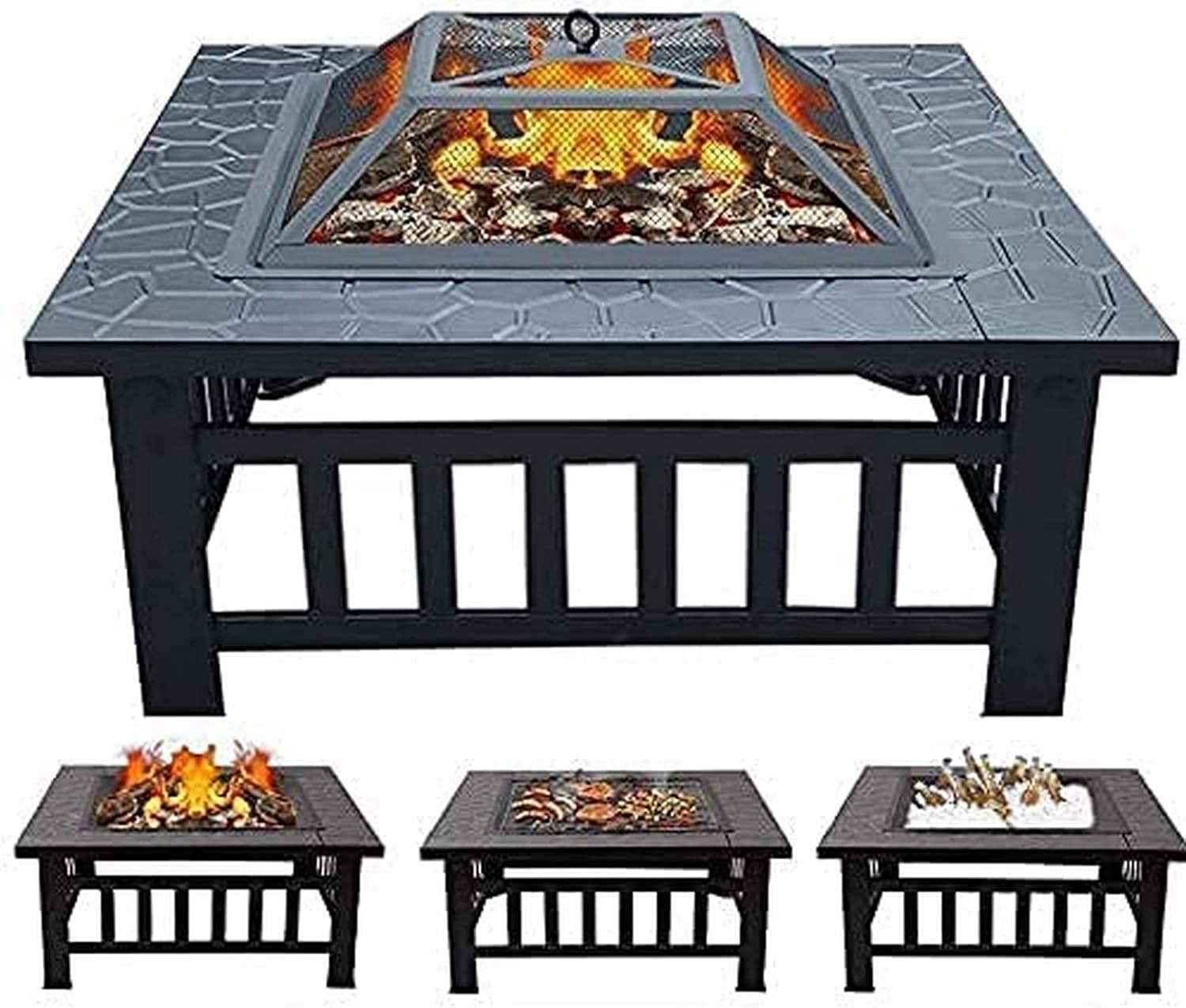 3 in 1 Outdoor Party BBQ Fire Pit with Grill Shelf for Garden Patio, Outdoor Metal Brazier Square Table Heater//Ice Pit Grill Barbecue Rack,