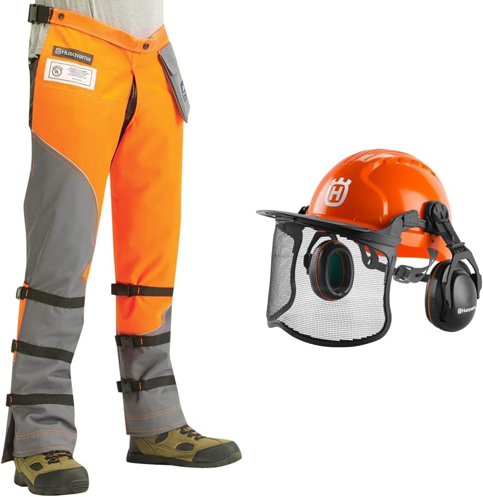 Husqvarna Chainsaw Protective Apron Wrap Chaps and Functional Pro Forest Chainsaw Helmet Bundle