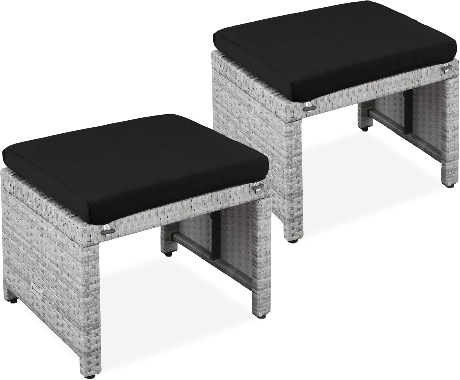 Best Choice Products Set of 2 Wicker Ottomans, Multipurpose Outdoor Furniture for Patio, Backyard, Additional Seating, Footrest, Side Table w/Removable Cushions, Steel Frame - Gray/Black