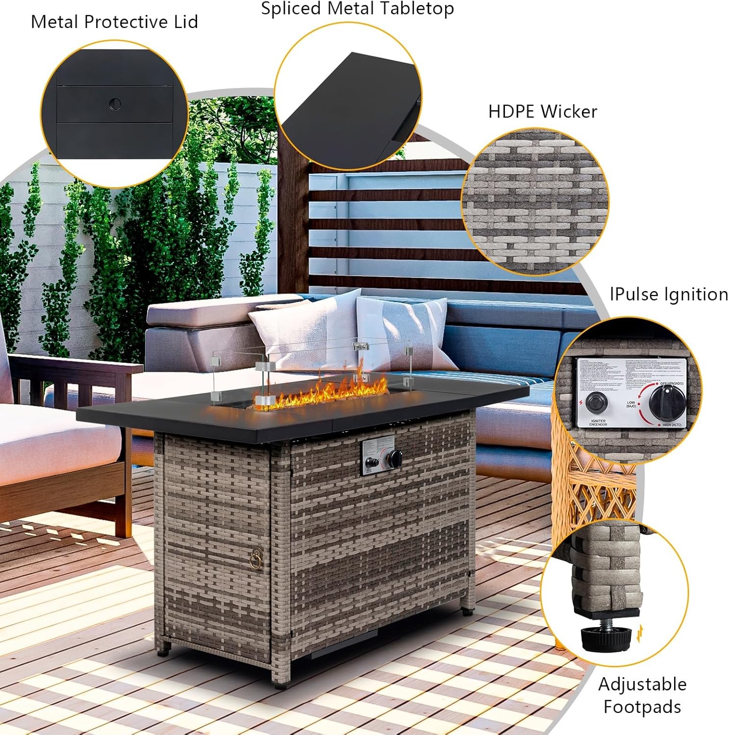 44 Inch Propane Fire Pit Table, 50,000 BTU Outdoor Gas Fire Pit with Wind Guard & Lid, Modern Patio Heater for Garden, Deck, Backyard (Grey)