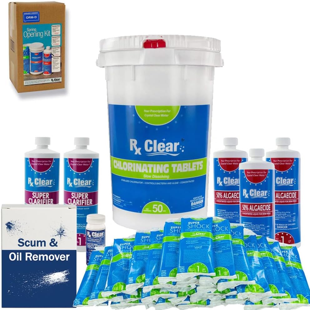 Rx Clear Pool Opening Chemical Maintenance Kit Plus for Above Ground or Inground Pools | for Pools Up to 30,000 Gallons | Includes Chlorine Tabs, Super Shock, 50% Algaecide, Clarifier and Test Strips