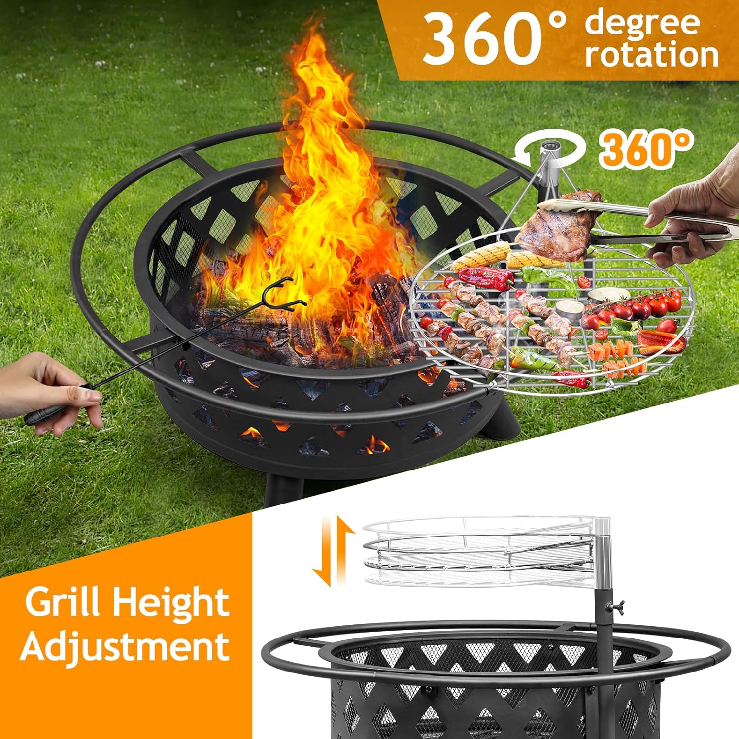 VINGLI Outdoor Fire Pit with Grill, 2 in 1 Wood Burning Fire Pit with Swivel Cooking Grate, Outdoor Fire Pit for Chrismas Backyard Patio Outside Picnic BBQ Party (Black, 30 in)