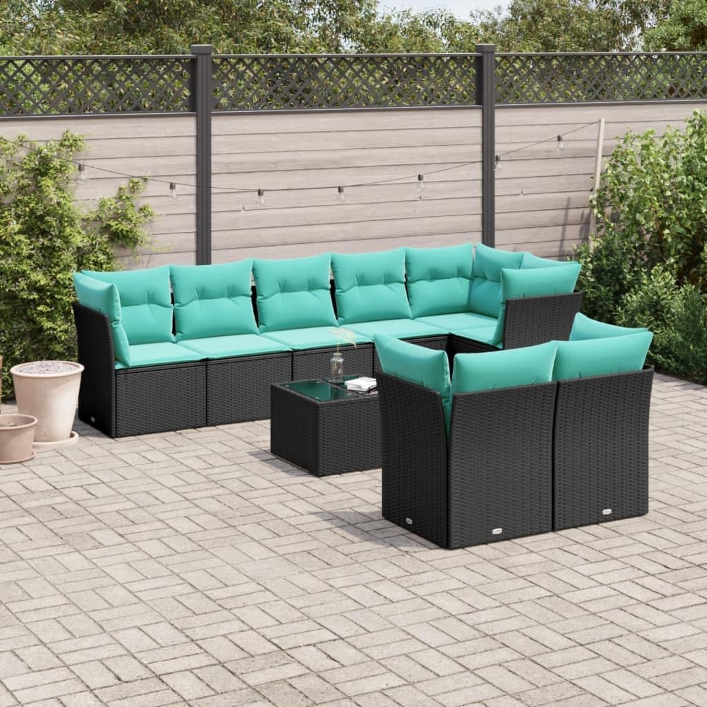 9 Piece Patio Sofa Set, Black Poly Rattan Outdoor Furniture with Cushions, Tempered Glass Tabletop, Storage Function, UV-Proof, for Backyard Balcony