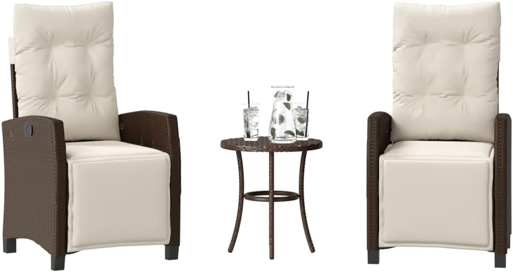 3 Piece Bistro Set with Cushions Brown Poly Rattan,Comfortable Patio Bistro Set with Adjustable Backrest and Footrest for Outdoor Relaxation Patio Furniture Sets, Outdoor Furniture Sets