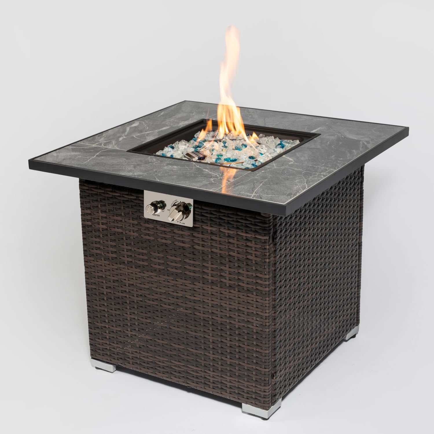 30Inch Outdoor Fire Table Propane Gas Fire Pit Table with Lid, Gas Fire Pit Table with Glass Rocks and Rain Cover -