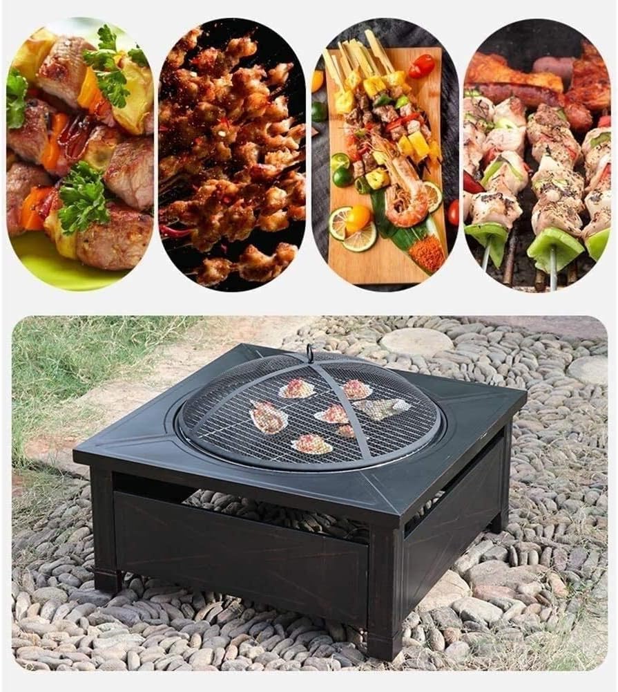 BBQ Grill Outdoor Fire Pits Outdoor Wood Burning Outdoor Fire Pit Metal Square Firepit Patio Stove Wood Burning BBQ Grill Fire Pit Bowl with Spark Screen Cover, Log Grate with Cover BBQ Cooking for Ou