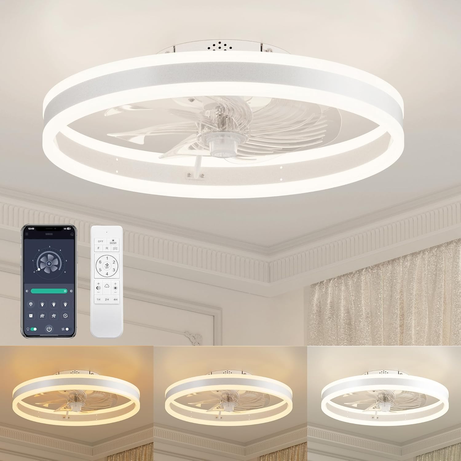 ULG Low Profile Ceiling Fans with Lights and Remote, 19.7 Inch Flush Mount Morden Ceiling Fan Light, 3 Colors Dimmable Bladeless Ceiling Fan for Living Room, Bedroom Kitchen, etc. White