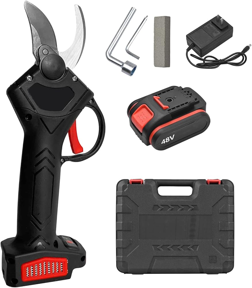 48V Cordless Electric Pruning Shears Portable Electric Branch Scissors Battery Powered Garden Shears Tree Trimmer Branch with Rechargeable Lithium Battery Adapter(Black)