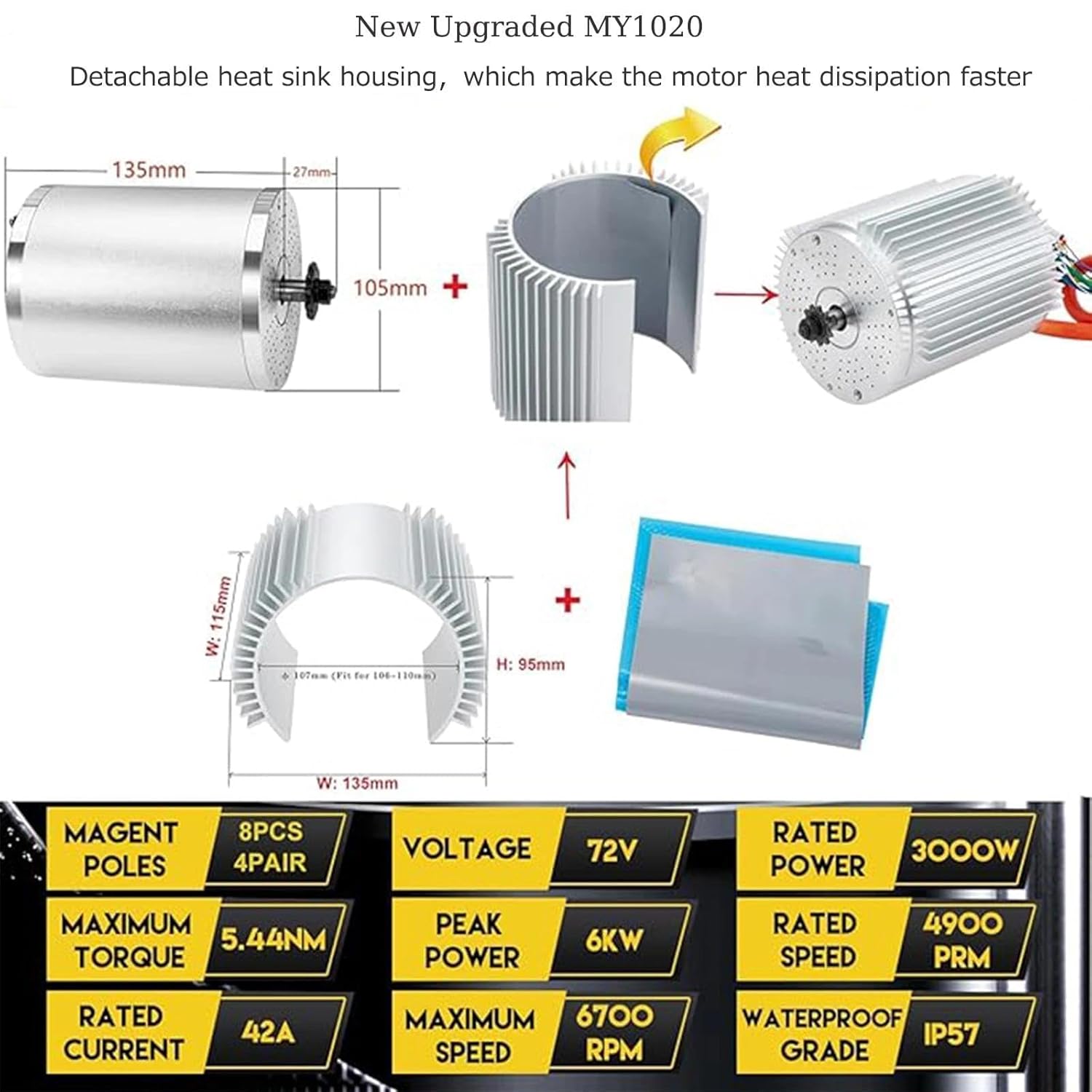 Electric DC Motor 72V 3000W Motor Kit with 48V-72V Brushless Controller and Half Twist Throttle for Go-Karts Programmable Brushless Controller with Temperature Sensing Function (72V 3000W)