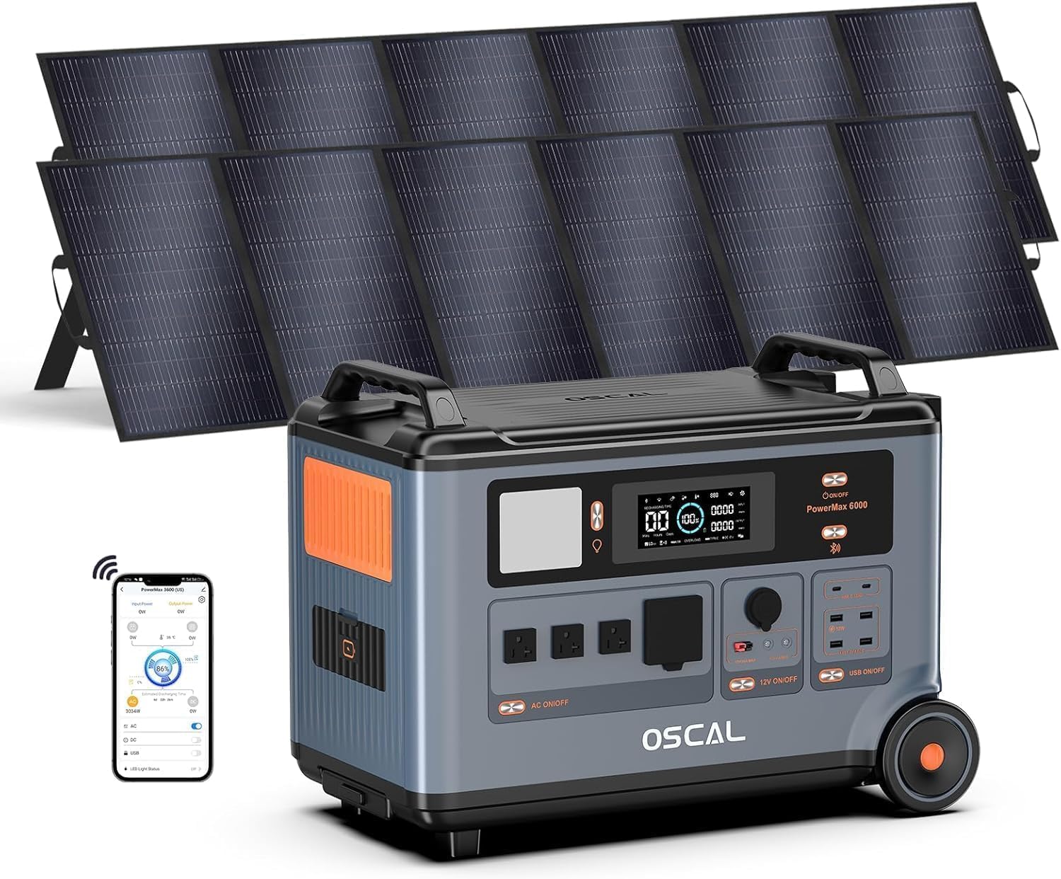 OSCAL 6000W 120V/240V Split Phase Voltage Solar Generator(2025 New),Portable Power Station PowerMax 6000 With 2 * 500W Solar Panel, 6000w AC Output (9000W Surge),3600Wh LFP Battery for Emergency 07