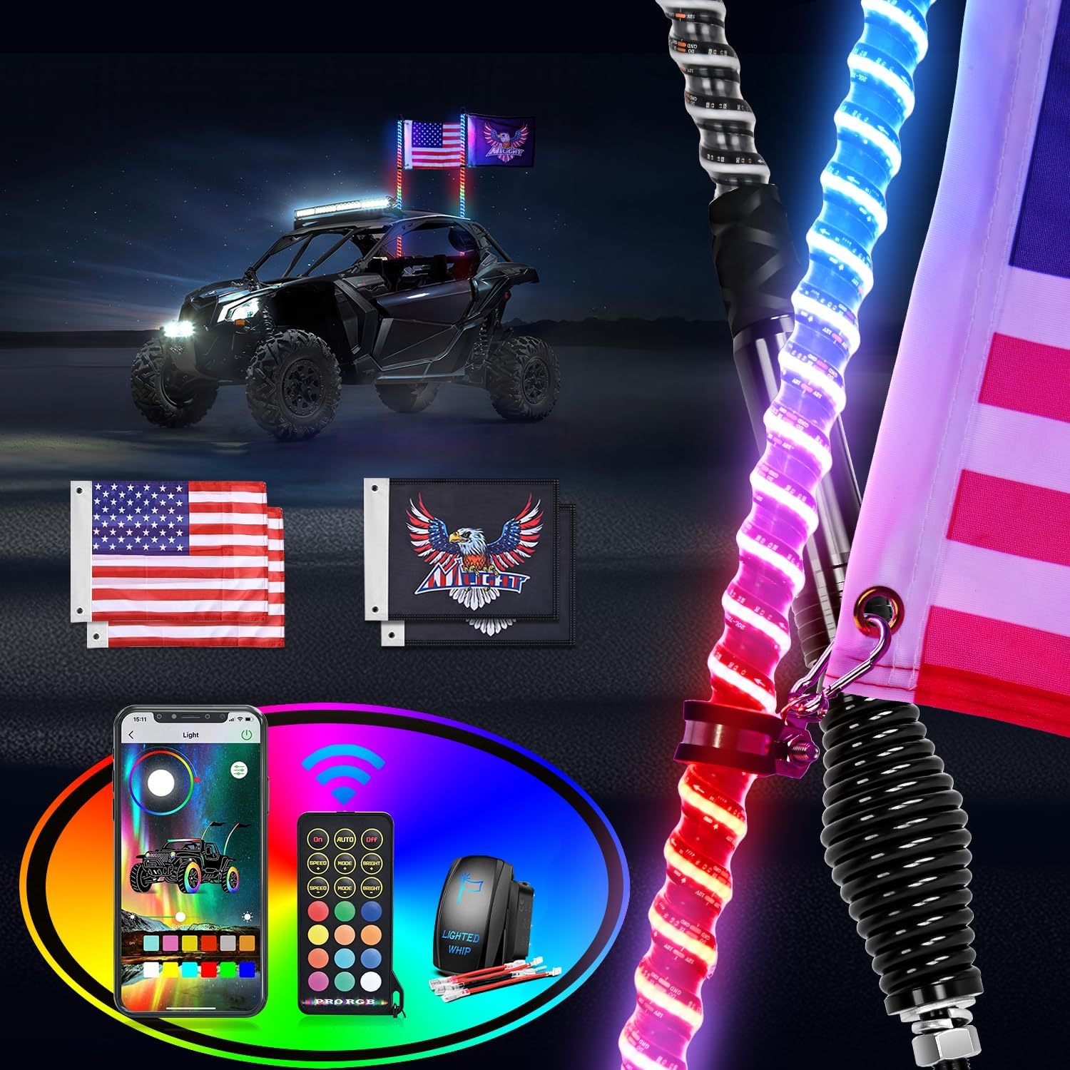 Nilight LED Whip Light 2 PCS 3FT COB RGB Lighted Antenna Whips with Spring Base Remote & App Control DIY Patterns Turn Brake Reverse Lights for Can-am Offroad ATV UTV RZR Polaris Dune Buggy Truck