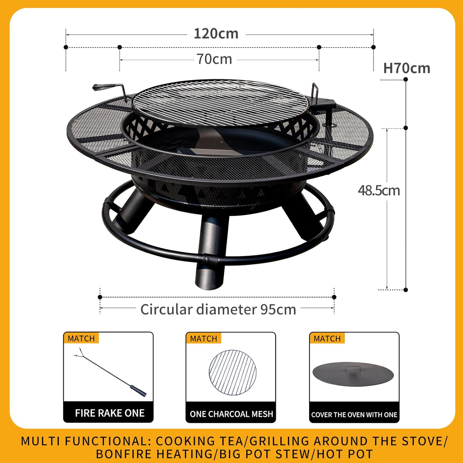 47 Inch Outdoor Fire Pits with Grill & Lid Outdoor Metal Wood Burning Fire Pit for Patio Multifunctional Large Firepit with Fire Poker for Backyard Garden Bonfire (Black)