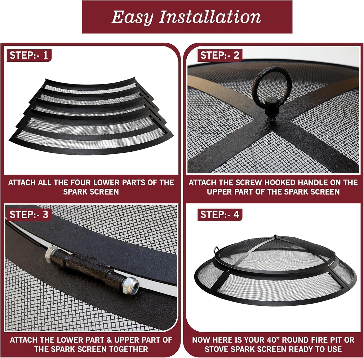 FEBTECH - Fire Pit Screen 40 inch Round Heavy Duty Outdoor FirePit Screen Round with Hook for Easy to Lift Spark Ring, Firepit Replacement Screen & Fire Pit Insert