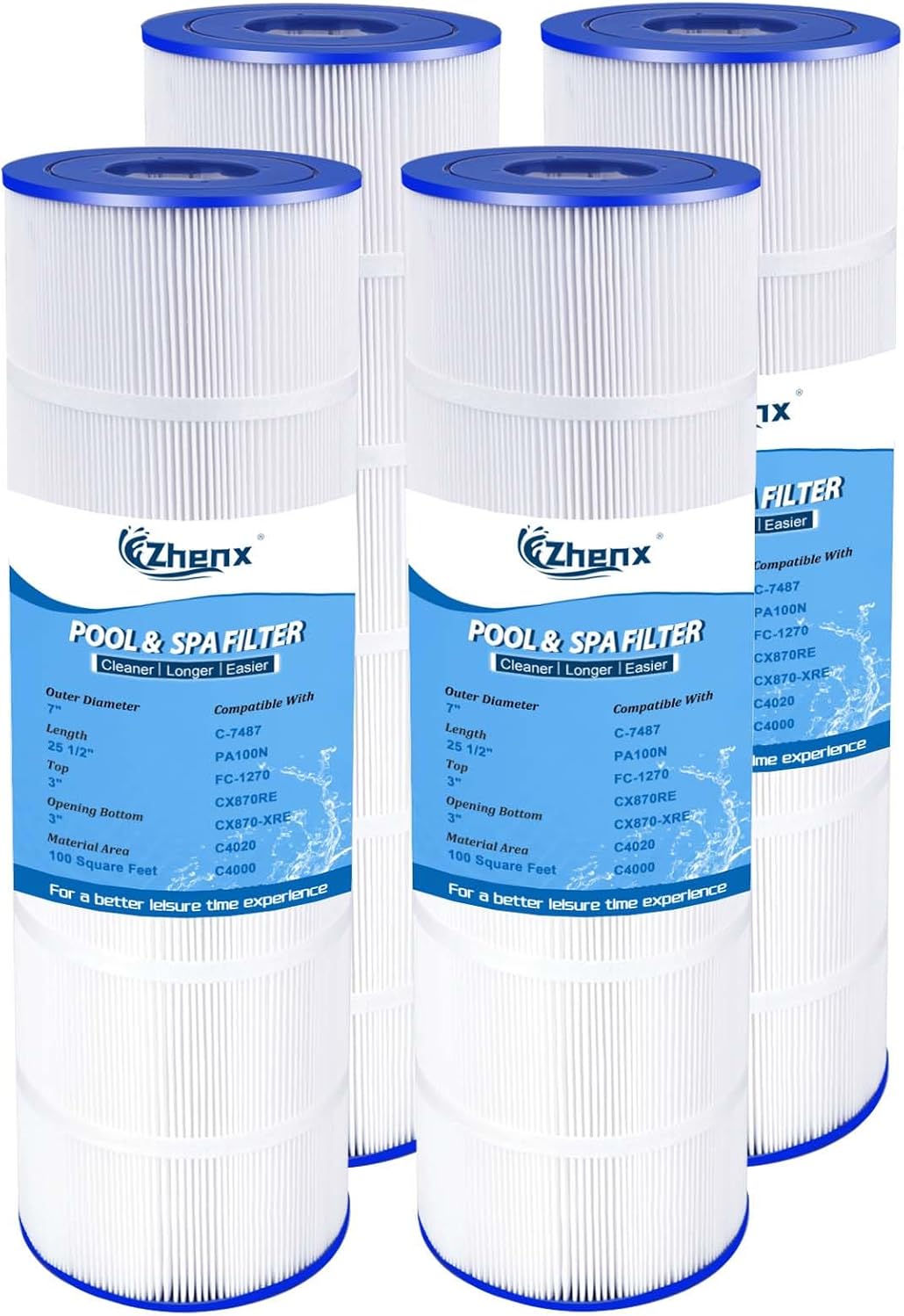 Zhenx C-7487 Pool Filter Cartridge, Compatible with PA100N, Unicel C-7487, Filbur FC-1270, Hayward CX870RE, CX870-XRE, Hayward C4000, C4000S, SwimClear C4020, 4 Pack.