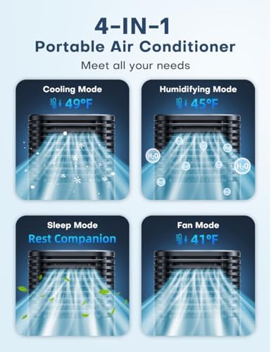 4-IN-1 Portable Air Conditioners, Evaporative Air Cooler w/ 4 Modes & 3 Speeds, 15H Timer for Smart Auto-off, 2-Gal Tank for 20H Cooling