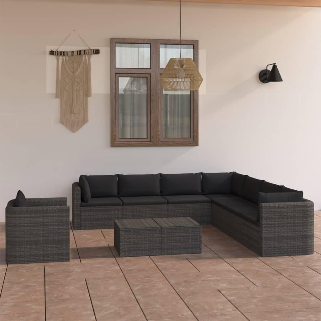 9-Piece Garden Lounge Set, Grey Poly Rattan, Large Seating for 9 People, Removable Covers, Durable Outdoor Patio Furniture