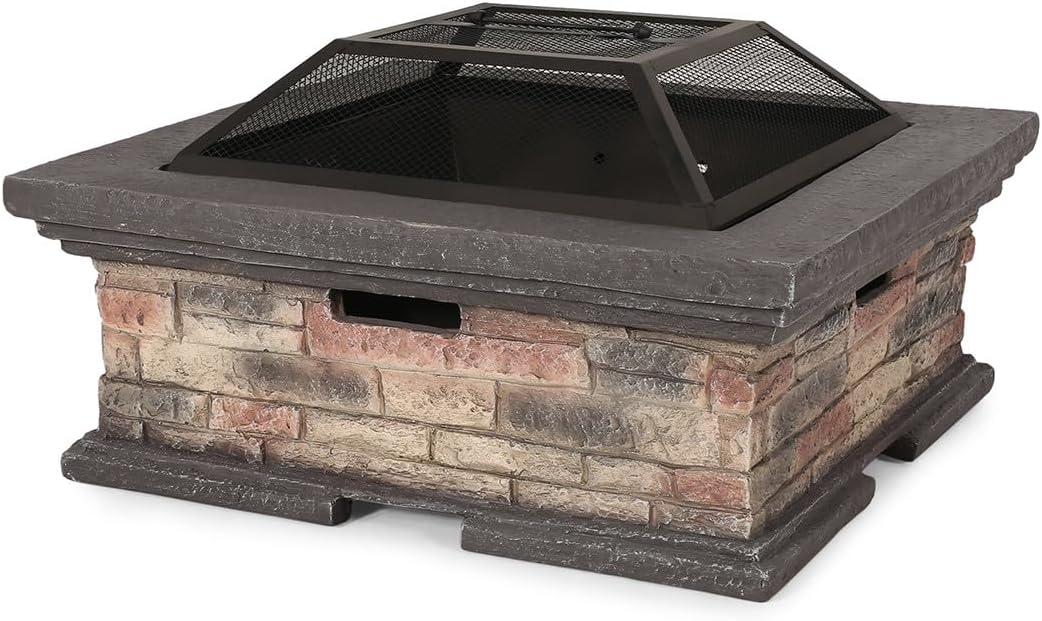 Outdoor Heaters for Patio – Smokeless Fire Pit Table Square Faux Stone-Look Base Steel Fire Bowl Mesh Spark Screen Lid & Poker Wood-Burning Outdoor Fireplace for Backyard