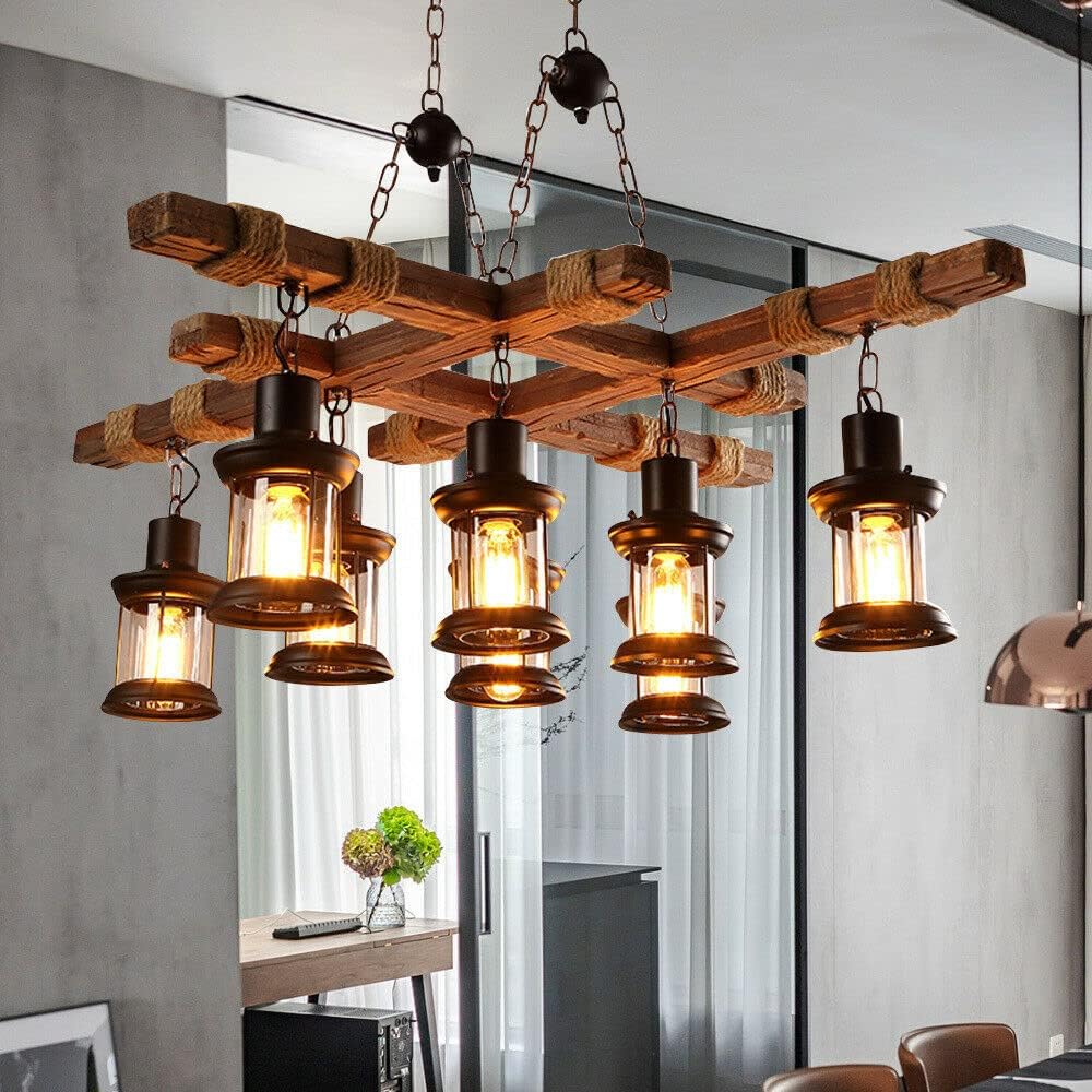 8-Light Farmhouse Pendant Chandelier, Rustic Country Wood Hanging Island Lighting Fixture Pendant Retro Industrial for Kitchen Dining Room Bar Restaurant Cafe Loft