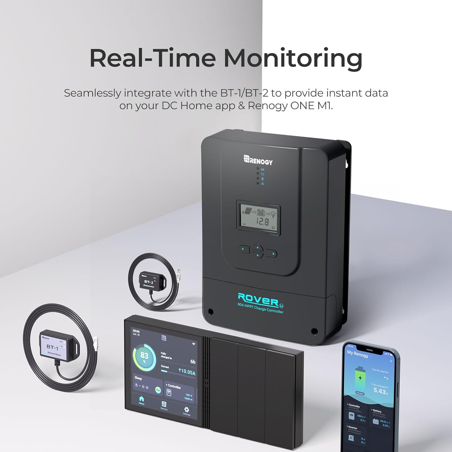 Renogy Charge Controller-Rover 60A MPPT 12V/24V/36V/48V Auto-Detect LCD Display | 99.9% Efficiency for Gel/Flooded/Lithium Batteries | Dual-Peak Tracking & Modbus Support (60A 12V/24V/36V/48V)