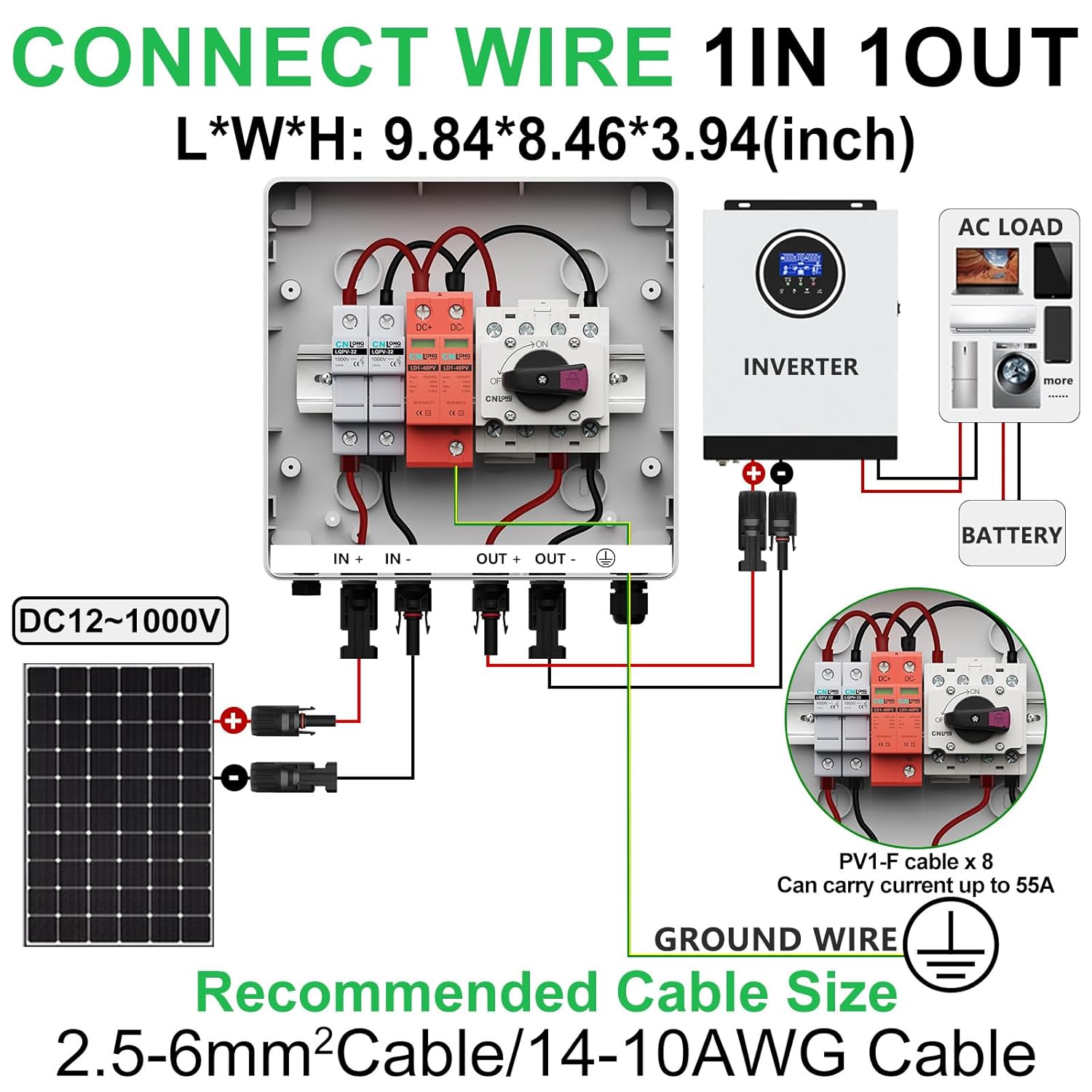 IP65 Solar PV Combiner Box DC1000V 32A Circuit Breaker with 10pcs Fuse Link 20A & Surge Protector and 15A PV Fuses, 1in 1out Disconnect Switch Outdoor Waterproof for Solar Panels System