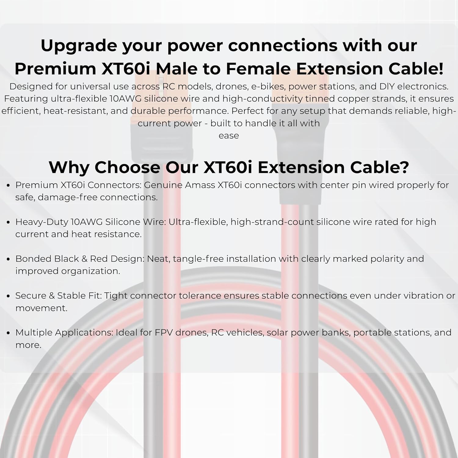 XT60i to XT60i Extension Cable Male to Female 10AWG 50FT, XT60i Connectors Solar Charging Cable Silicone Wire for Solar Generator Portable Power Station