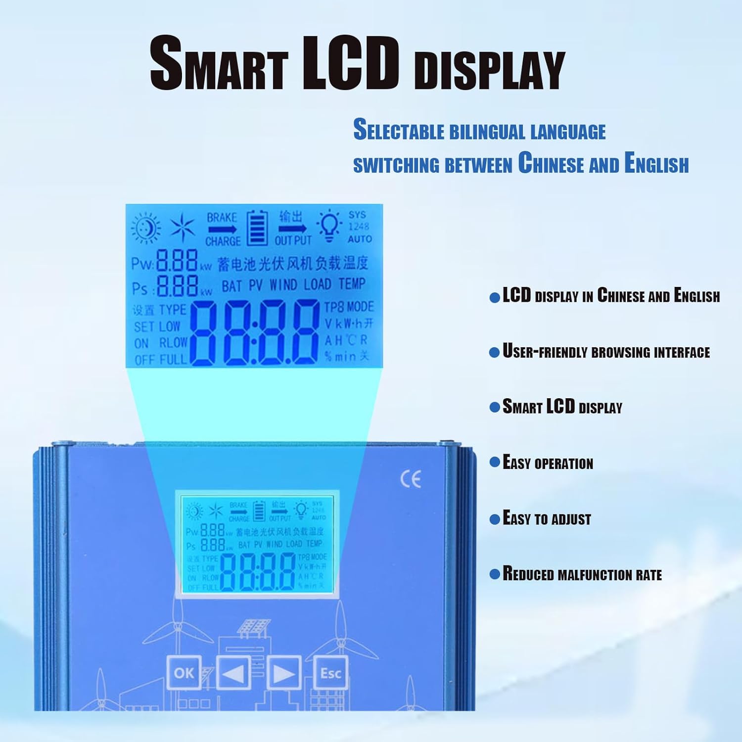 1000W Wind Solar Hybrid Charge Controller PWM 600W Wind + 400W Solar Boost Charge Technology Digital Intelligent Regulator with LCD Display 48V