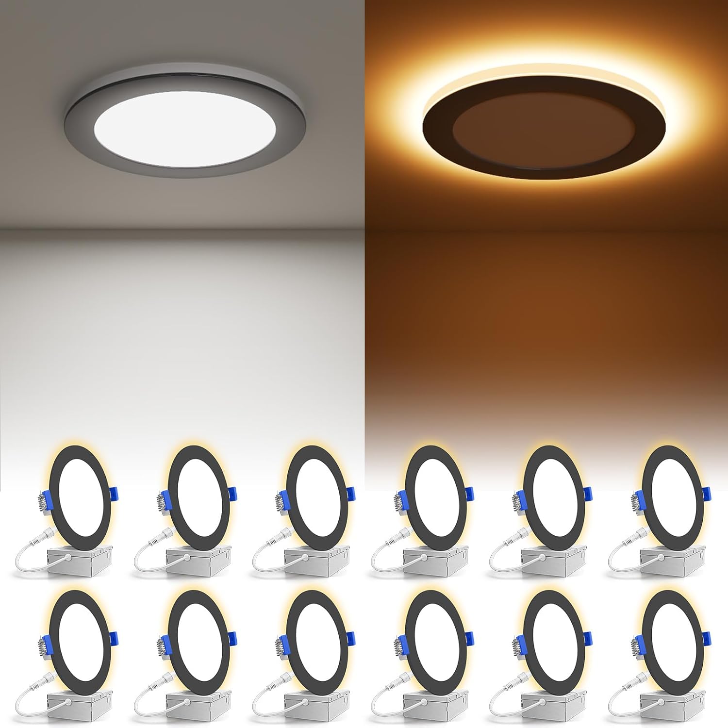 VOLISUN 12 Pack 6 Inch Black Recessed Light with Night Light, Canless LED Recessed Lighting 6 inch, 2700K-5000K Selectable, 12W=130W,1080LM Soffit Lighting Outdoor Recessed Light, ETL Certificated