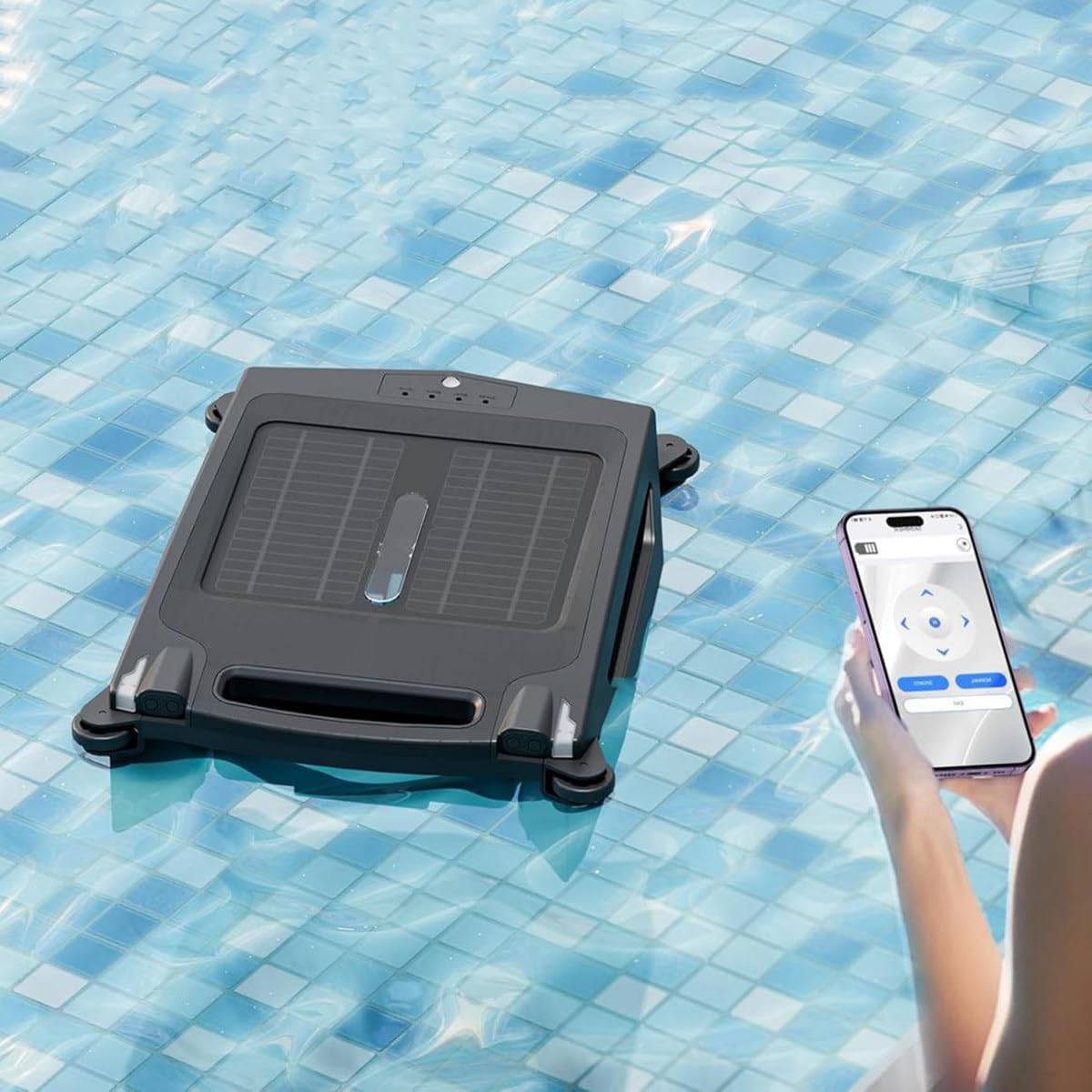 Solar Automatic Robot Pool Skimmer, Pool Surfaces Skimmer Cleaner, Automatic Cordless Pool Skimmer, Two Speed Modes, Brushless Motor, APP Support, for All Swimming Pool