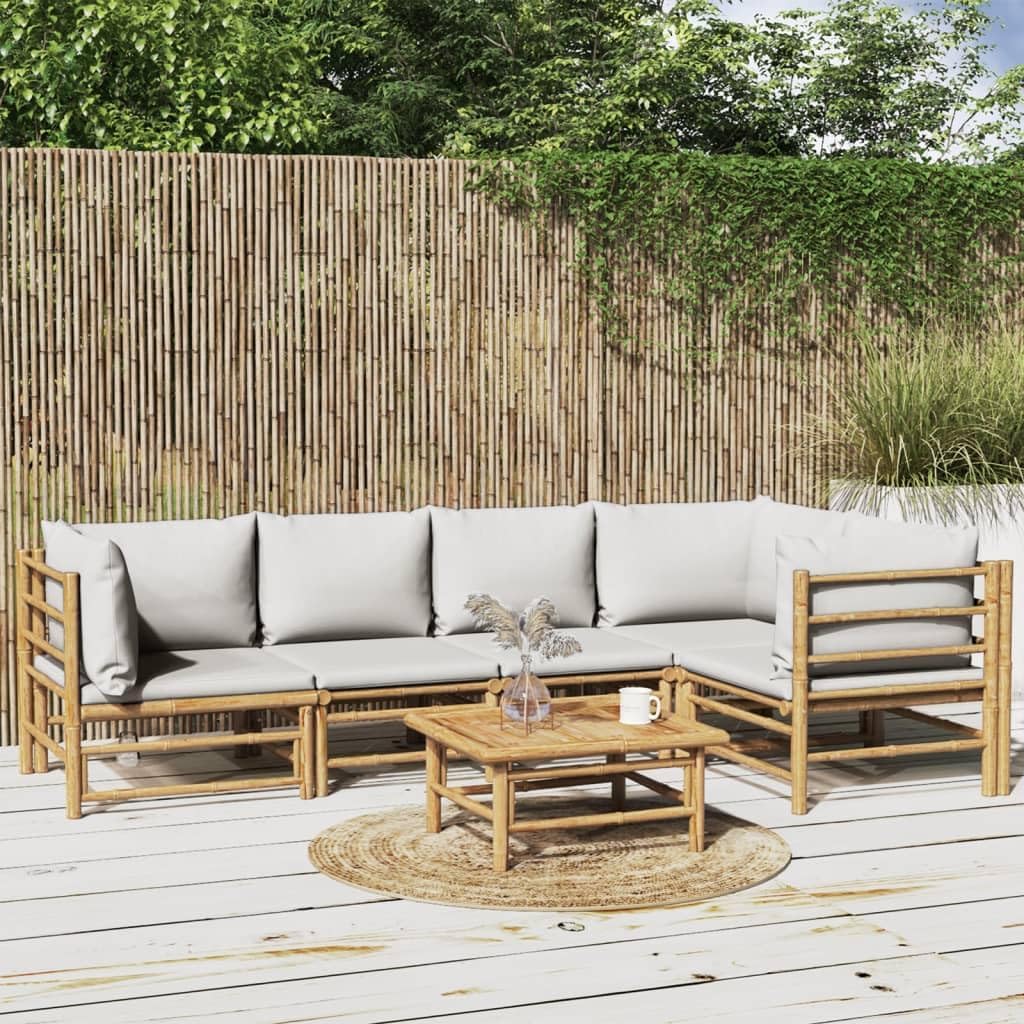 6 Piece Patio Lounge Set with Light Gray Cushions Bamboo,Elegant and Durable Bamboo Patio Lounge Set for Outdoor Relaxation Patio Furniture, Outdoor Furniture Sets