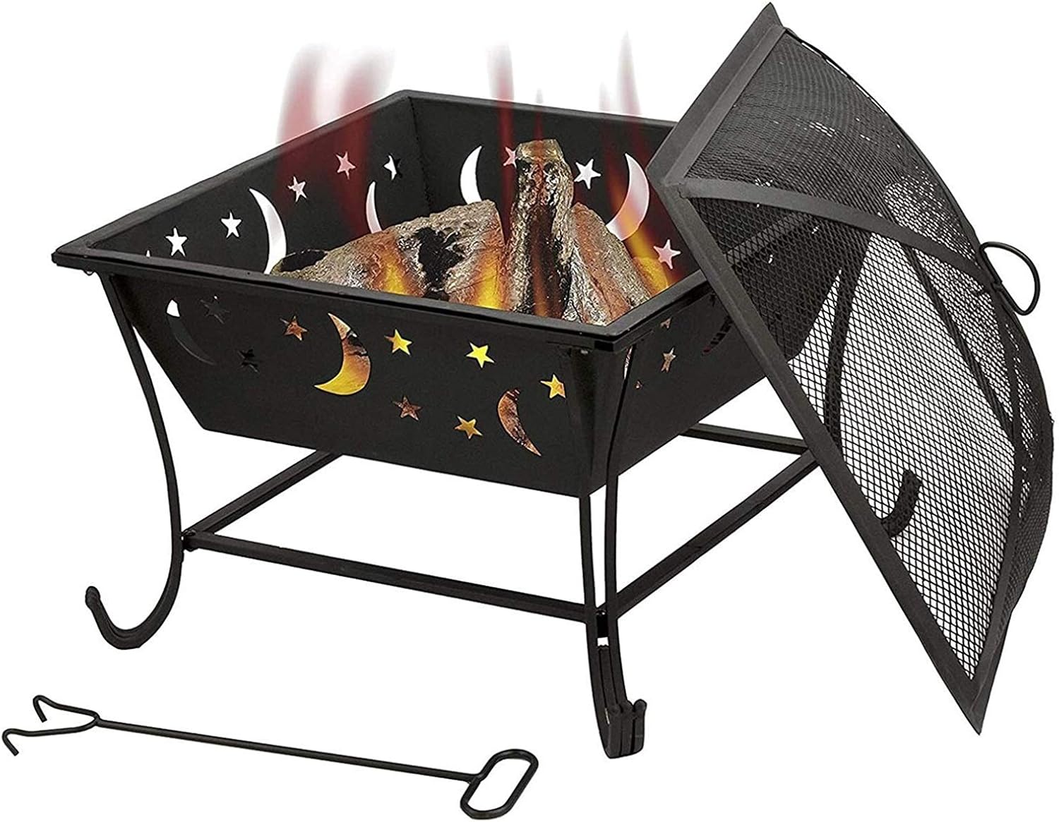 Fire Pits Wood Burning 24 in Outdoor Fire Pit, Bonfire Wood Burning Steel Grill with Square Mesh Spark Screen Cover